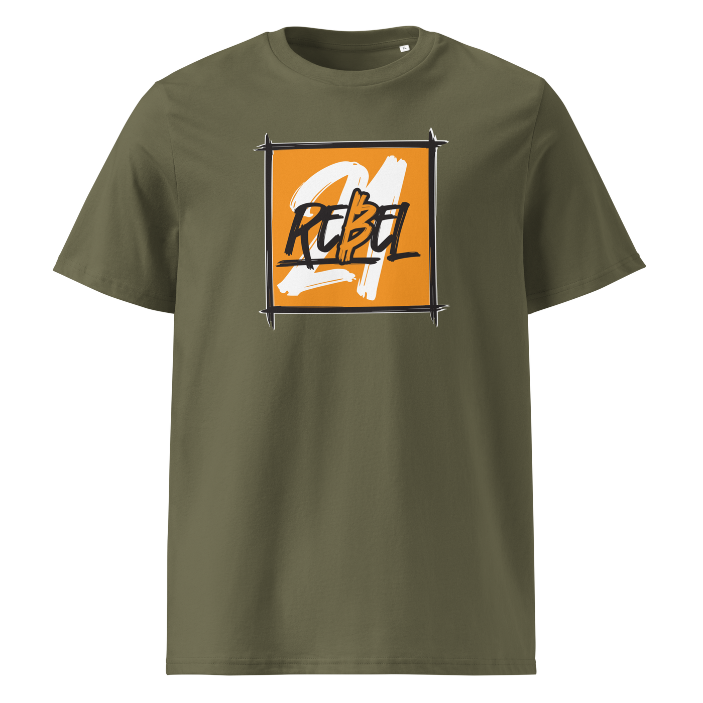 21 Rebel organic cotton bitcoin t-shirt in Khaki, front view: a brushed orange square with 21 REBEL in white and black lettering.