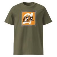 21 Rebel organic cotton bitcoin t-shirt in Khaki, front view: a brushed orange square with 21 REBEL in white and black lettering.