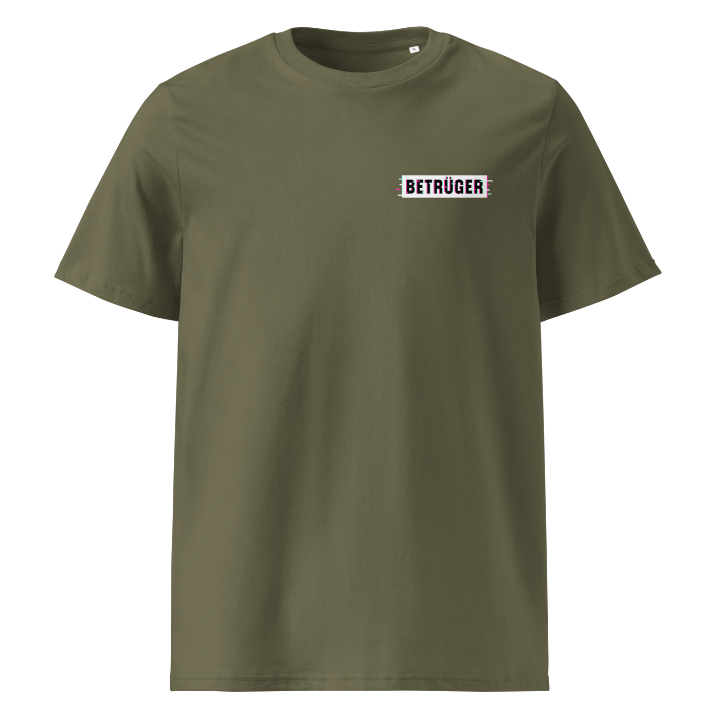 Betrüger anarcho late night organic cotton t-shirt in Khaki, front view: a small black box logo reading Betrueger on the left chest.