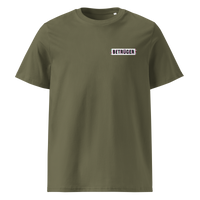 Betrüger anarcho late night organic cotton t-shirt in Khaki, front view: a small black box logo reading Betrueger on the left chest.