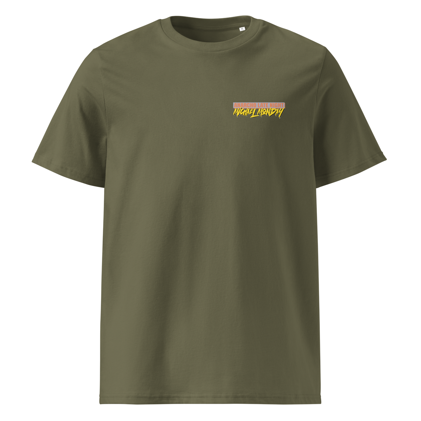 Michael Monday anarcho late night organic cotton t-shirt in Khaki, front view: small Michael Monday brush lettering on the left chest.