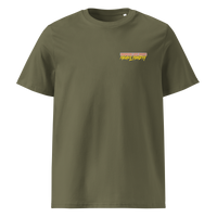 Michael Monday anarcho late night organic cotton t-shirt in Khaki, front view: small Michael Monday brush lettering on the left chest.