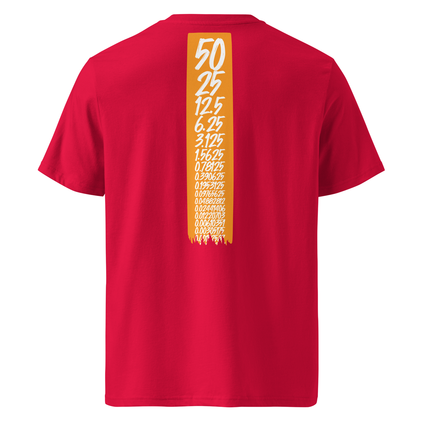 Bitcoin Halving organic cotton bitcoin t-shirt in Red, back view: an orange banner listing the halving block rewards from 50 down to 0.00190735.