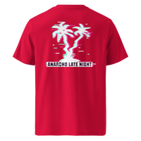 Betrüger anarcho late night organic cotton t-shirt in Red, back view: neon glitch palm trees above a banner reading Anarcho Late Night.