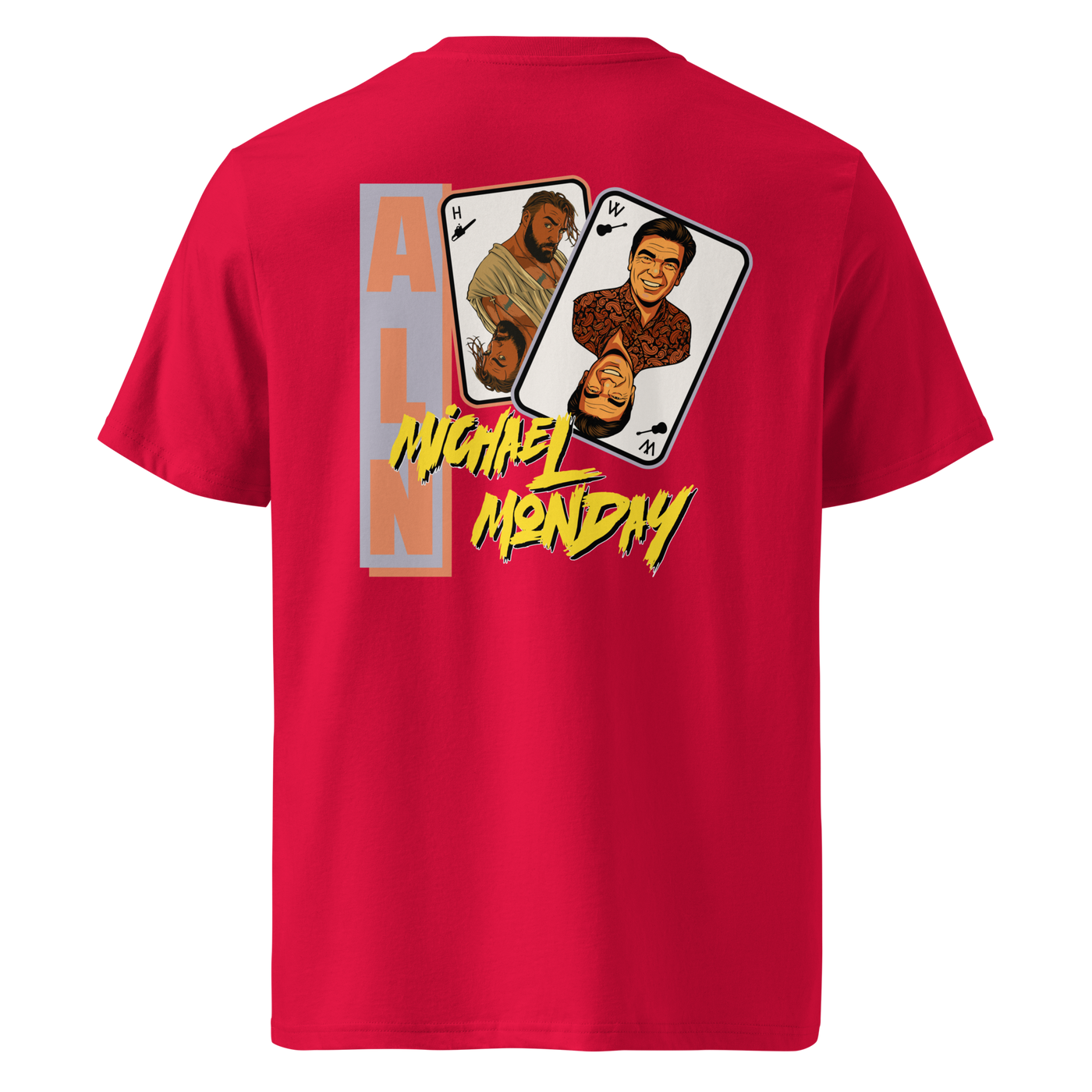 Michael Monday anarcho late night organic cotton t-shirt in Red, back view: two playing cards with illustrated portraits next to Michael Monday in yellow brush lettering.