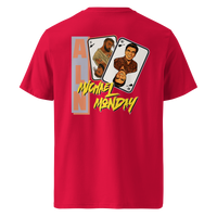 Michael Monday anarcho late night organic cotton t-shirt in Red, back view: two playing cards with illustrated portraits next to Michael Monday in yellow brush lettering.