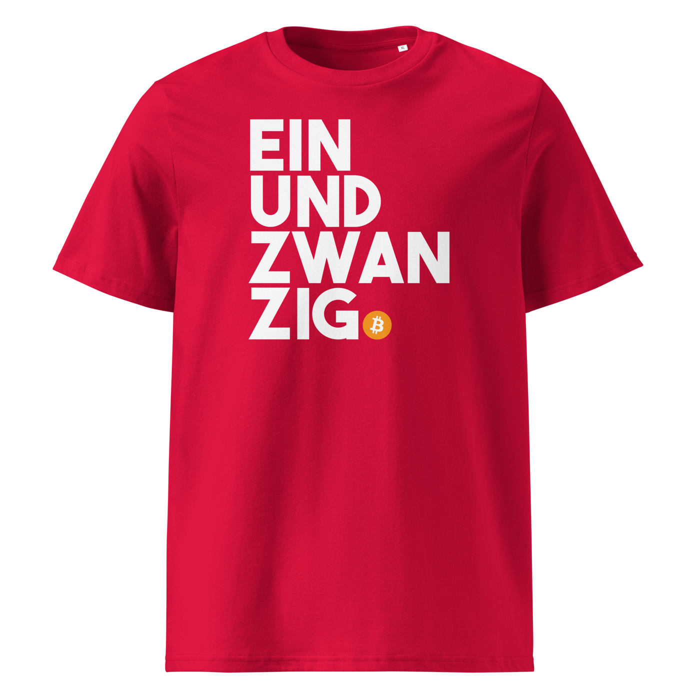 Einundzwanzig organic cotton bitcoin t-shirt in Red, front view: Einundzwanzig stacked in black block letters with an orange bitcoin coin.