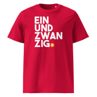 Einundzwanzig organic cotton bitcoin t-shirt in Red, front view: Einundzwanzig stacked in black block letters with an orange bitcoin coin.