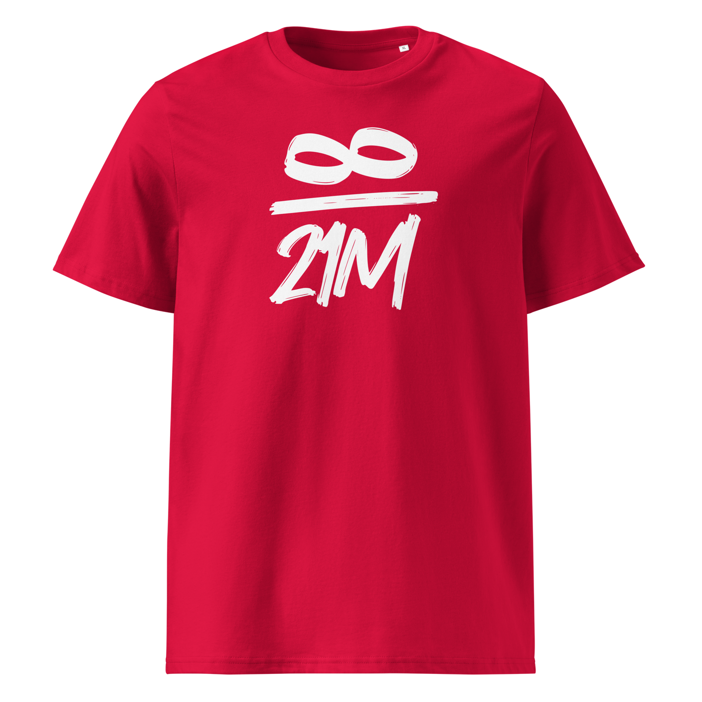 Infinity / 21 Million organic cotton bitcoin t-shirt in Red, front view: an infinity symbol over 21M in black brush lettering.