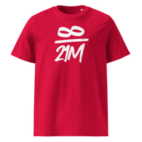 Infinity / 21 Million organic cotton bitcoin t-shirt in Red, front view: an infinity symbol over 21M in black brush lettering.