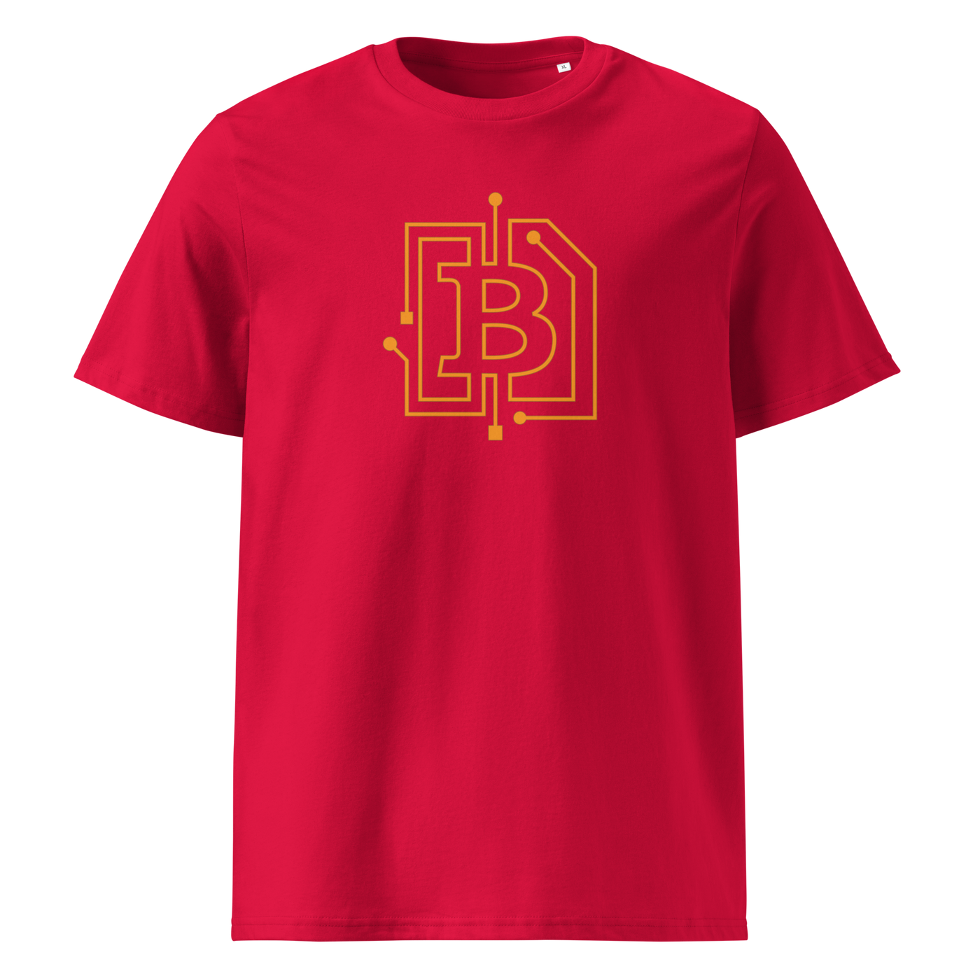 Circuit Board organic cotton bitcoin t-shirt in Red, front view: an orange bitcoin B drawn as circuit board traces.