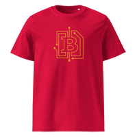 Circuit Board organic cotton bitcoin t-shirt in Red, front view: an orange bitcoin B drawn as circuit board traces.