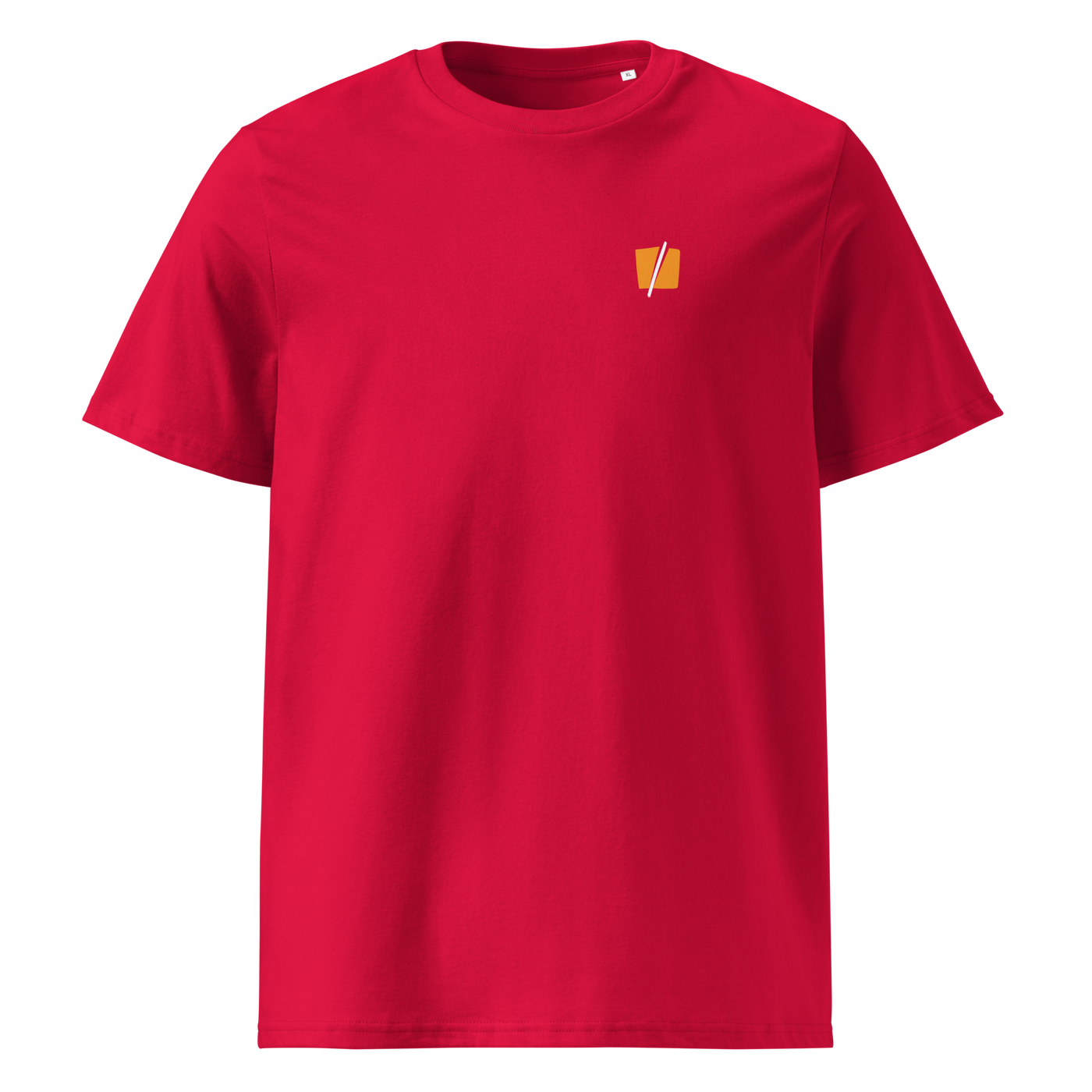Bitcoin Halving organic cotton bitcoin t-shirt in Red, front view: a small halved orange bitcoin symbol on the left chest.