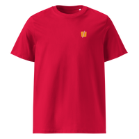 Bitcoin Halving organic cotton bitcoin t-shirt in Red, front view: a small halved orange bitcoin symbol on the left chest.