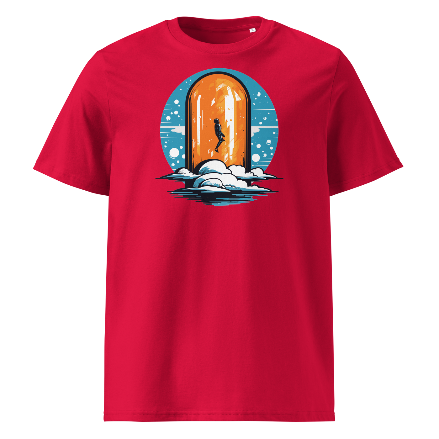 Orange Pill organic cotton bitcoin t-shirt in Red, front view: a silhouette stepping through an orange pill shaped doorway above the clouds.