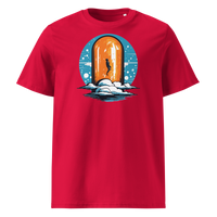 Orange Pill organic cotton bitcoin t-shirt in Red, front view: a silhouette stepping through an orange pill shaped doorway above the clouds.
