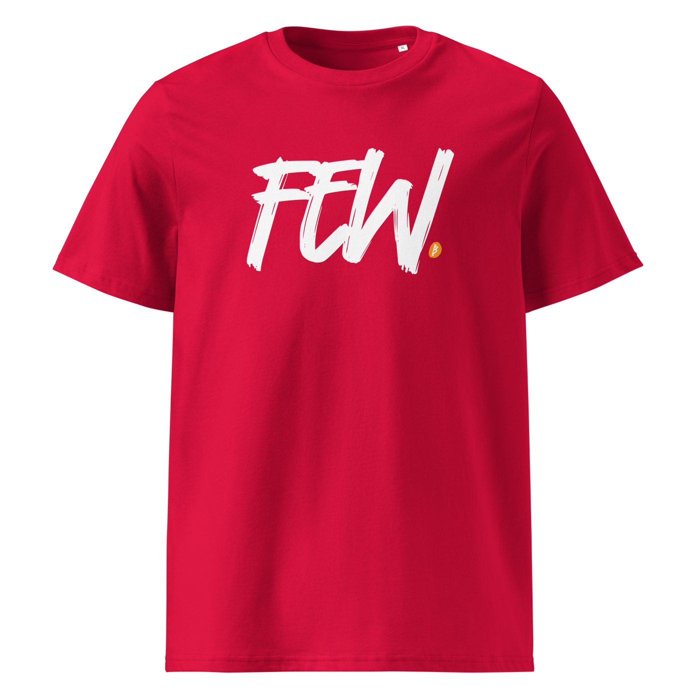Few organic cotton bitcoin t-shirt in Red, front view: FEW. in black brush lettering with an orange bitcoin dot.