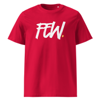 Few organic cotton bitcoin t-shirt in Red, front view: FEW. in black brush lettering with an orange bitcoin dot.