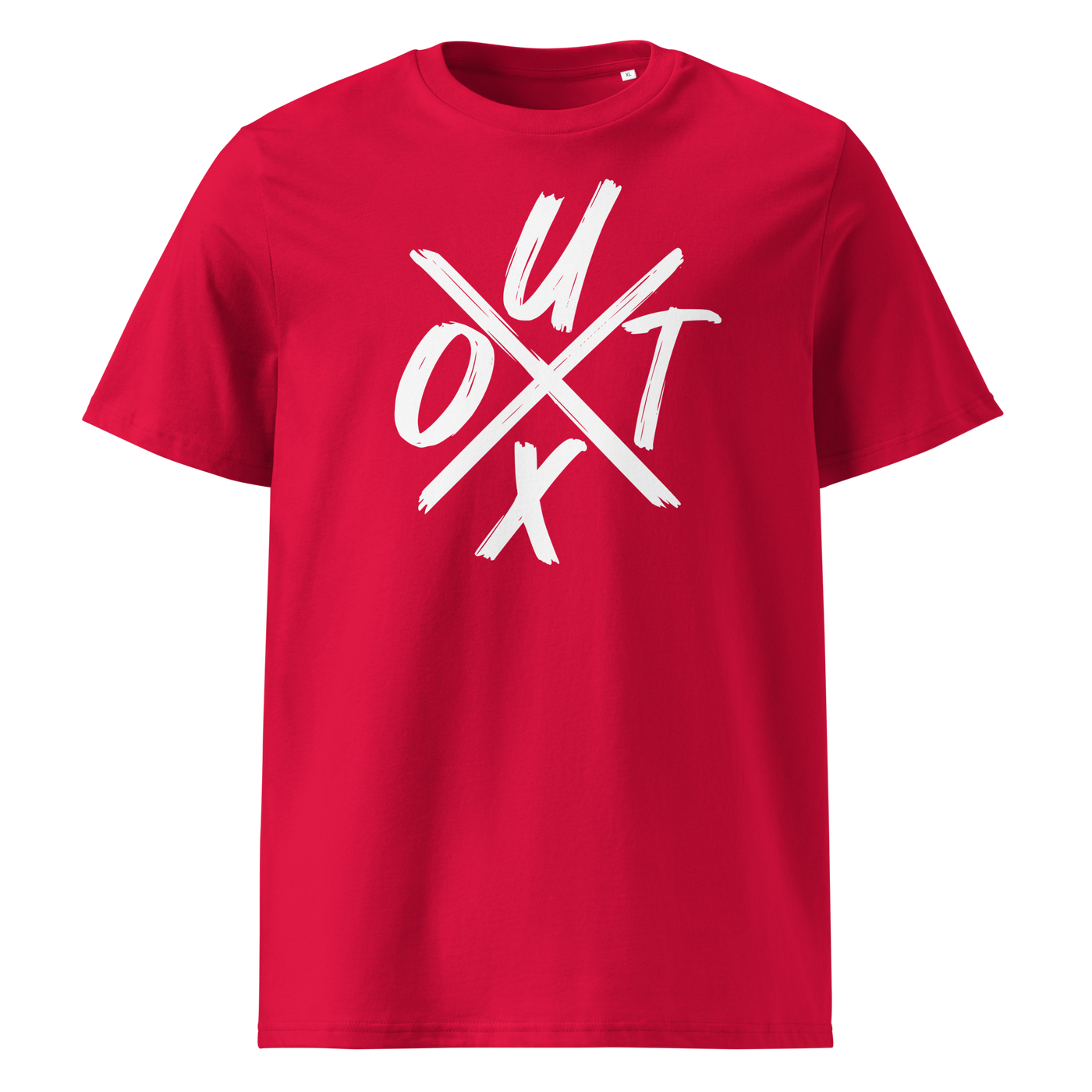 UTXO Management organic cotton bitcoin t-shirt in Red, front view: the letters UTXO arranged around a brushed cross.