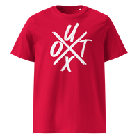 UTXO Management organic cotton bitcoin t-shirt in Red, front view: the letters UTXO arranged around a brushed cross.
