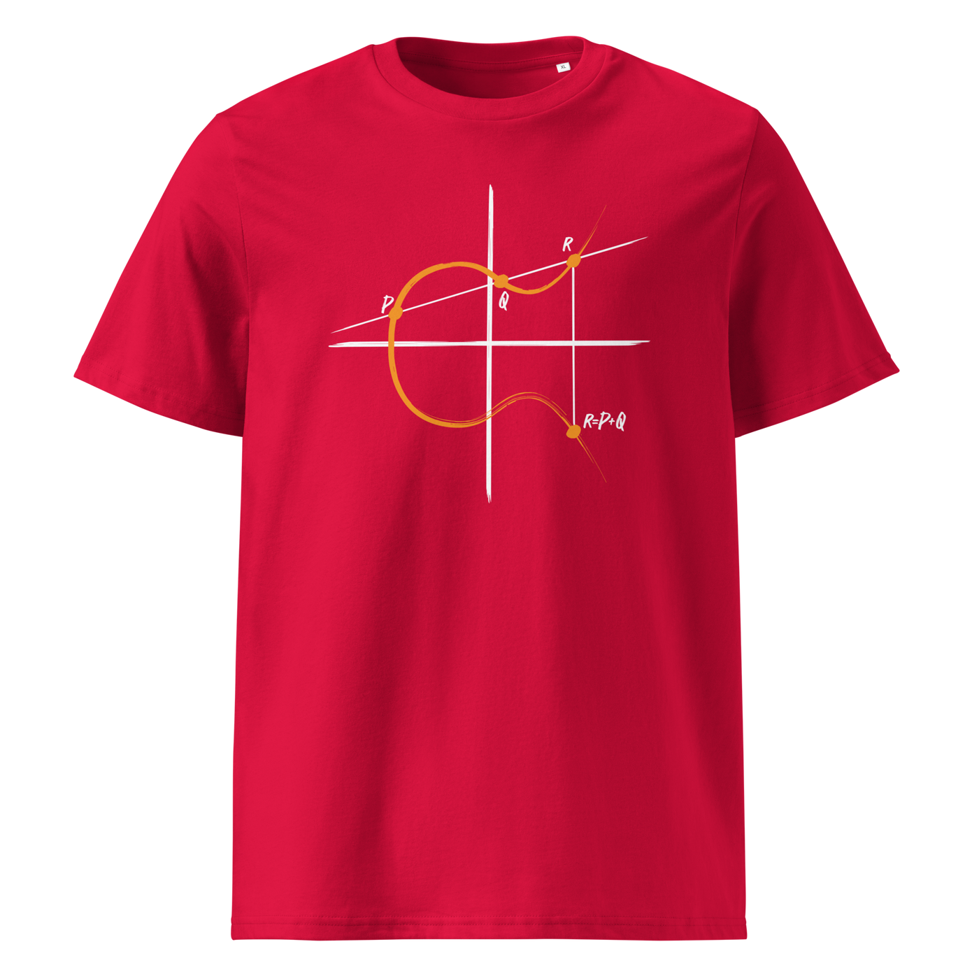 Elliptic Curve Cryptography organic cotton bitcoin t-shirt in Red, front view: a line drawing of an elliptic curve with the points P, Q and R.