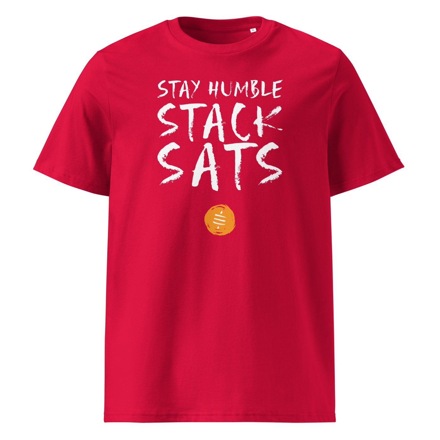 Stay Humble Stack Sats organic cotton bitcoin t-shirt in Red, front view: Stay Humble Stack Sats in black lettering above an orange sats coin.