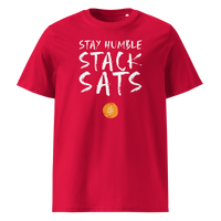 Stay Humble Stack Sats organic cotton bitcoin t-shirt in Red, front view: Stay Humble Stack Sats in black lettering above an orange sats coin.