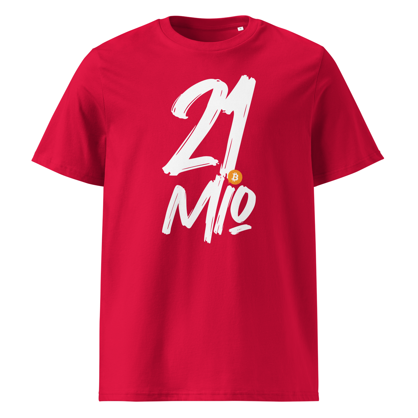 21 Million organic cotton bitcoin t-shirt in Red, front view: 21 Mio. in black brush lettering with an orange bitcoin coin.