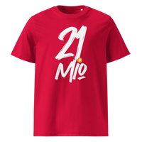 21 Million organic cotton bitcoin t-shirt in Red, front view: 21 Mio. in black brush lettering with an orange bitcoin coin.