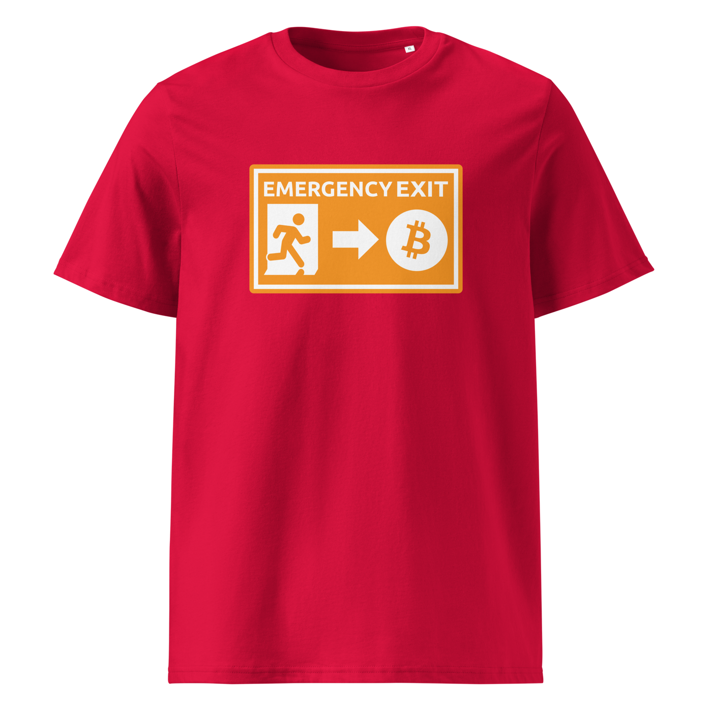 Emergency Exit organic cotton bitcoin t-shirt in Red, front view: an orange emergency exit sign where the running figure heads towards a bitcoin symbol.