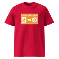 Emergency Exit organic cotton bitcoin t-shirt in Red, front view: an orange emergency exit sign where the running figure heads towards a bitcoin symbol.