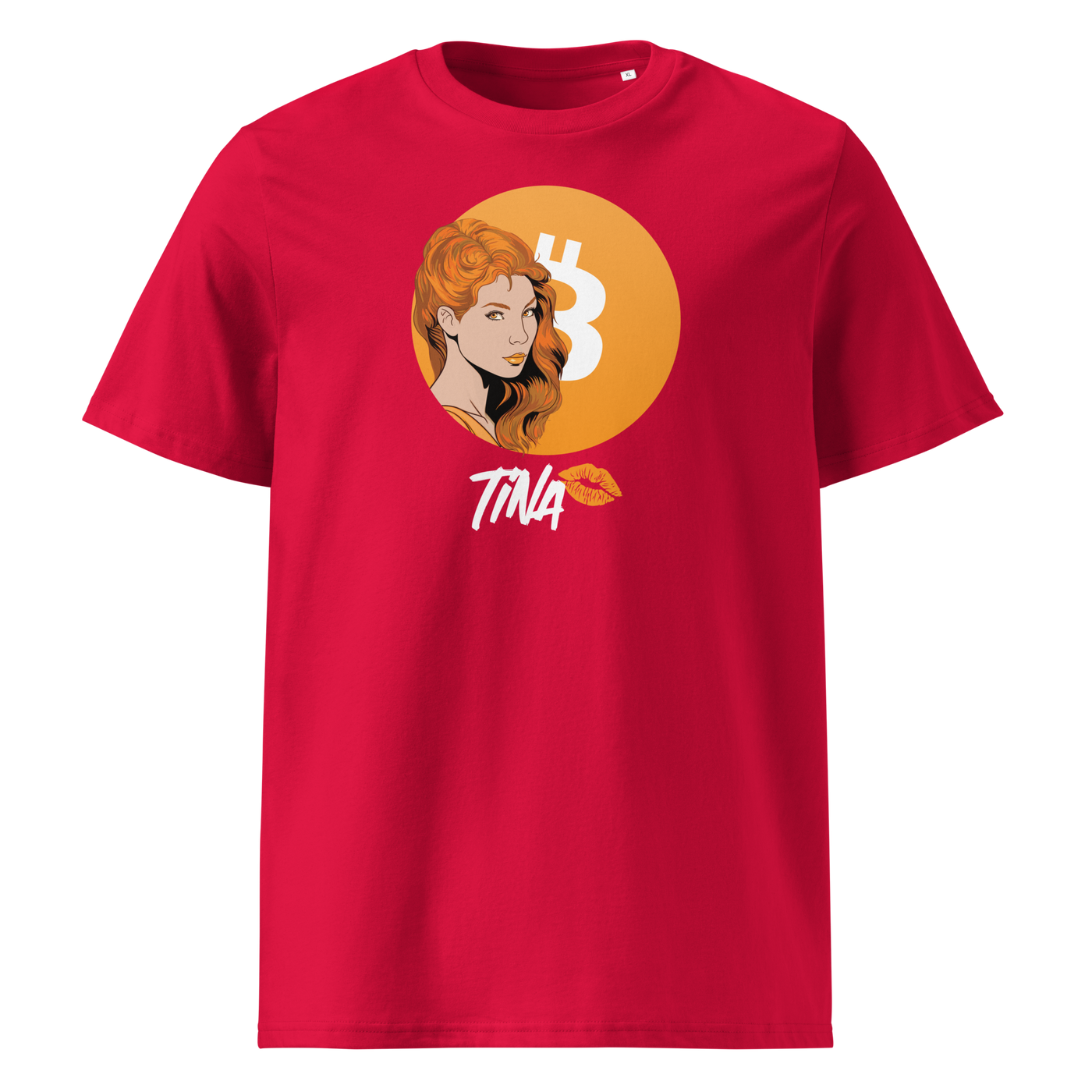 TINA organic cotton bitcoin t-shirt in Red, front view: an illustrated red haired woman in front of an orange bitcoin circle, signed TINA.