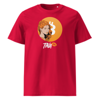 TINA organic cotton bitcoin t-shirt in Red, front view: an illustrated red haired woman in front of an orange bitcoin circle, signed TINA.
