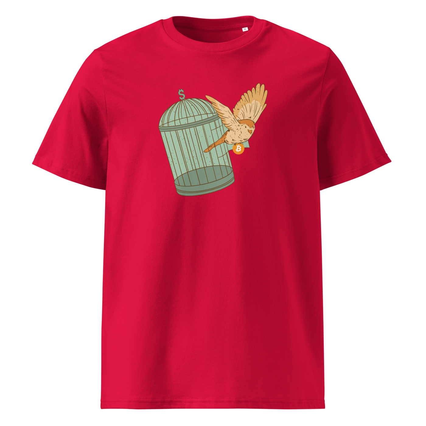 Escape from Fiat Madness organic cotton bitcoin t-shirt in Red, front view: an orange bird escaping from an open green birdcage.