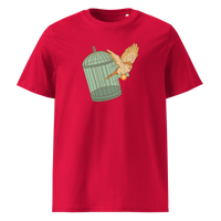 Escape from Fiat Madness organic cotton bitcoin t-shirt in Red, front view: an orange bird escaping from an open green birdcage.