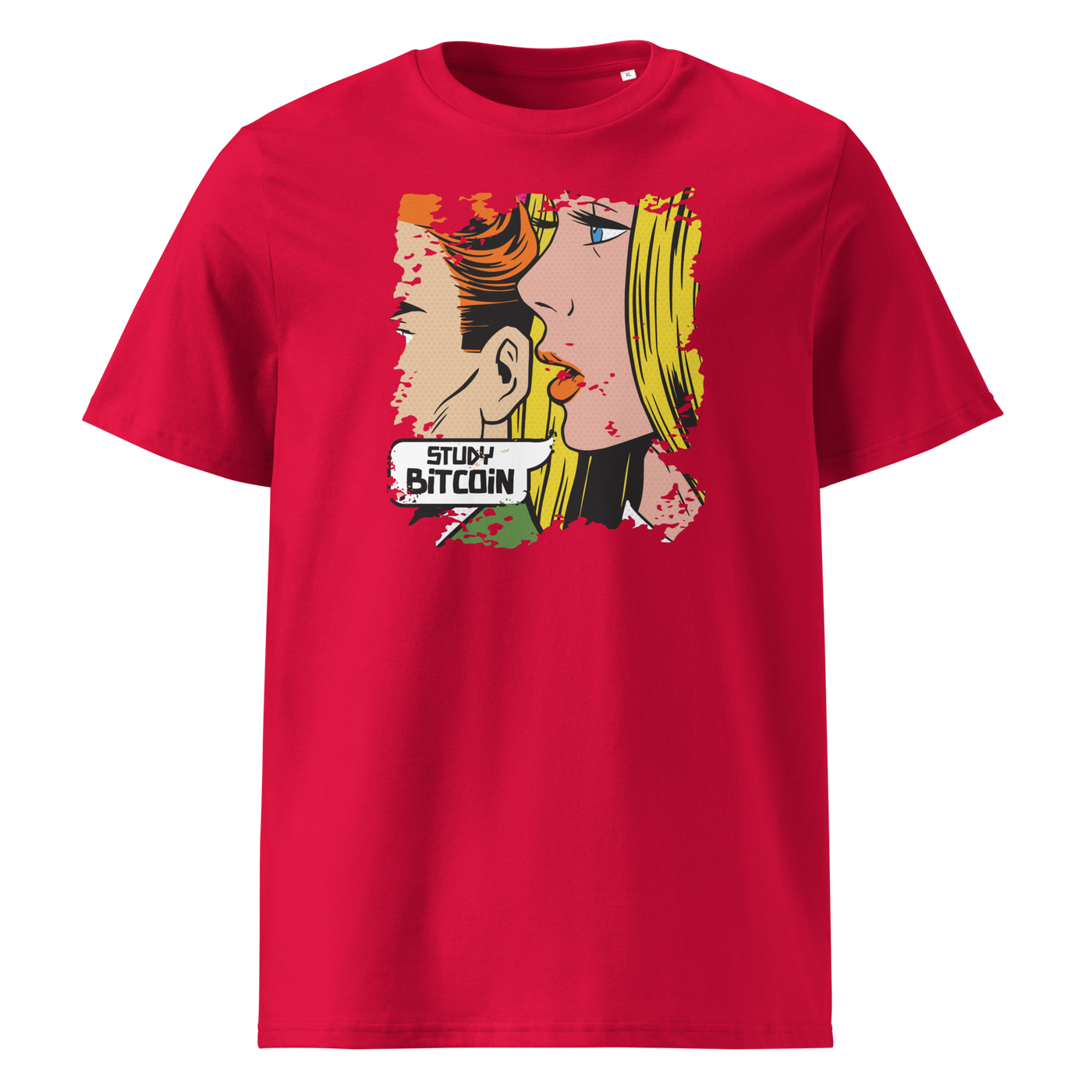Study Bitcoin organic cotton bitcoin t-shirt in Red, front view: a pop art comic scene of a couple whispering, captioned Study Bitcoin.