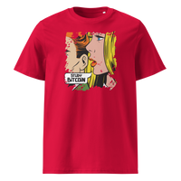 Study Bitcoin organic cotton bitcoin t-shirt in Red, front view: a pop art comic scene of a couple whispering, captioned Study Bitcoin.