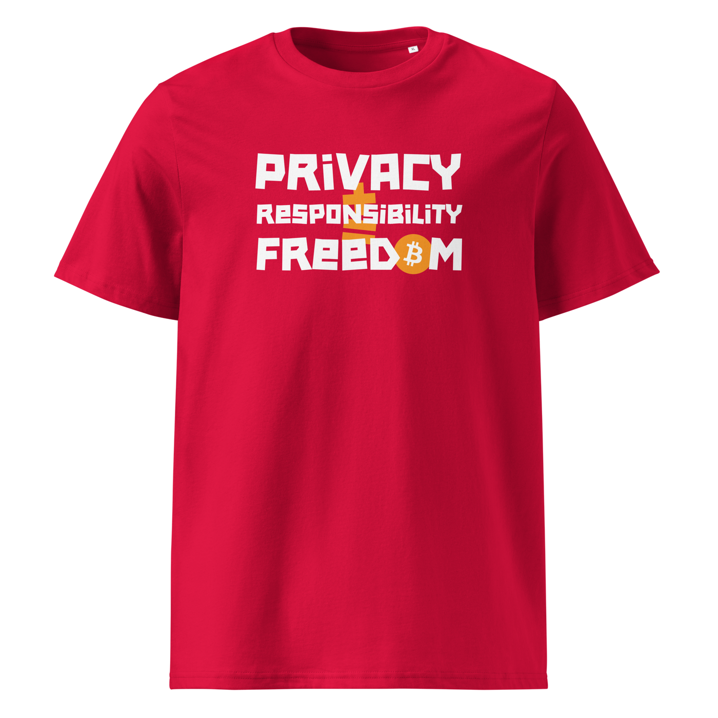 Privacy Responsibility Freedom organic cotton bitcoin t-shirt in Red, front view: Privacy Responsibility Freedom in white stencil letters, the O of Freedom an orange bitcoin coin.