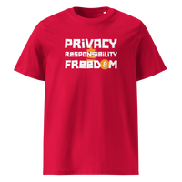 Privacy Responsibility Freedom organic cotton bitcoin t-shirt in Red, front view: Privacy Responsibility Freedom in white stencil letters, the O of Freedom an orange bitcoin coin.