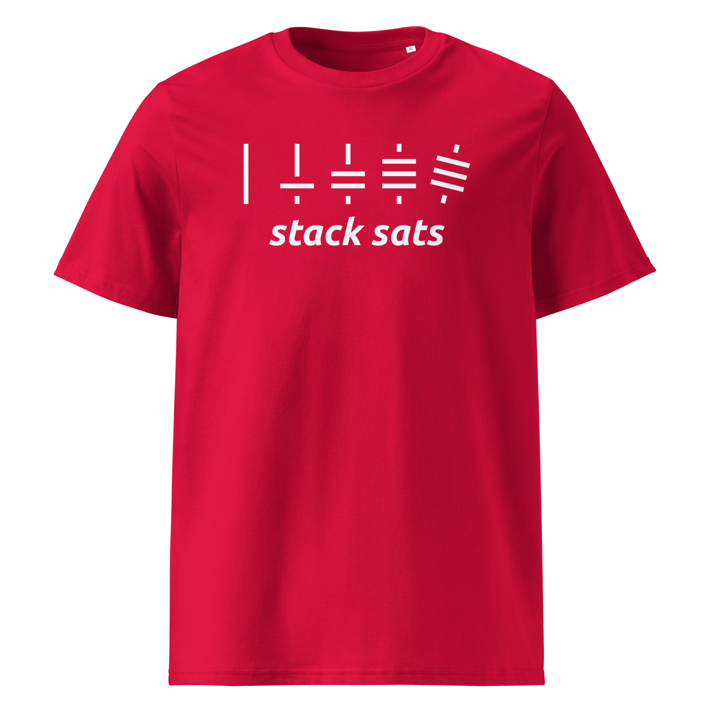 Stack Sats organic cotton bitcoin t-shirt in Red, front view: five rising stacks of lines above the words stack sats.