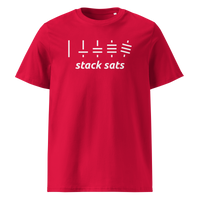 Stack Sats organic cotton bitcoin t-shirt in Red, front view: five rising stacks of lines above the words stack sats.