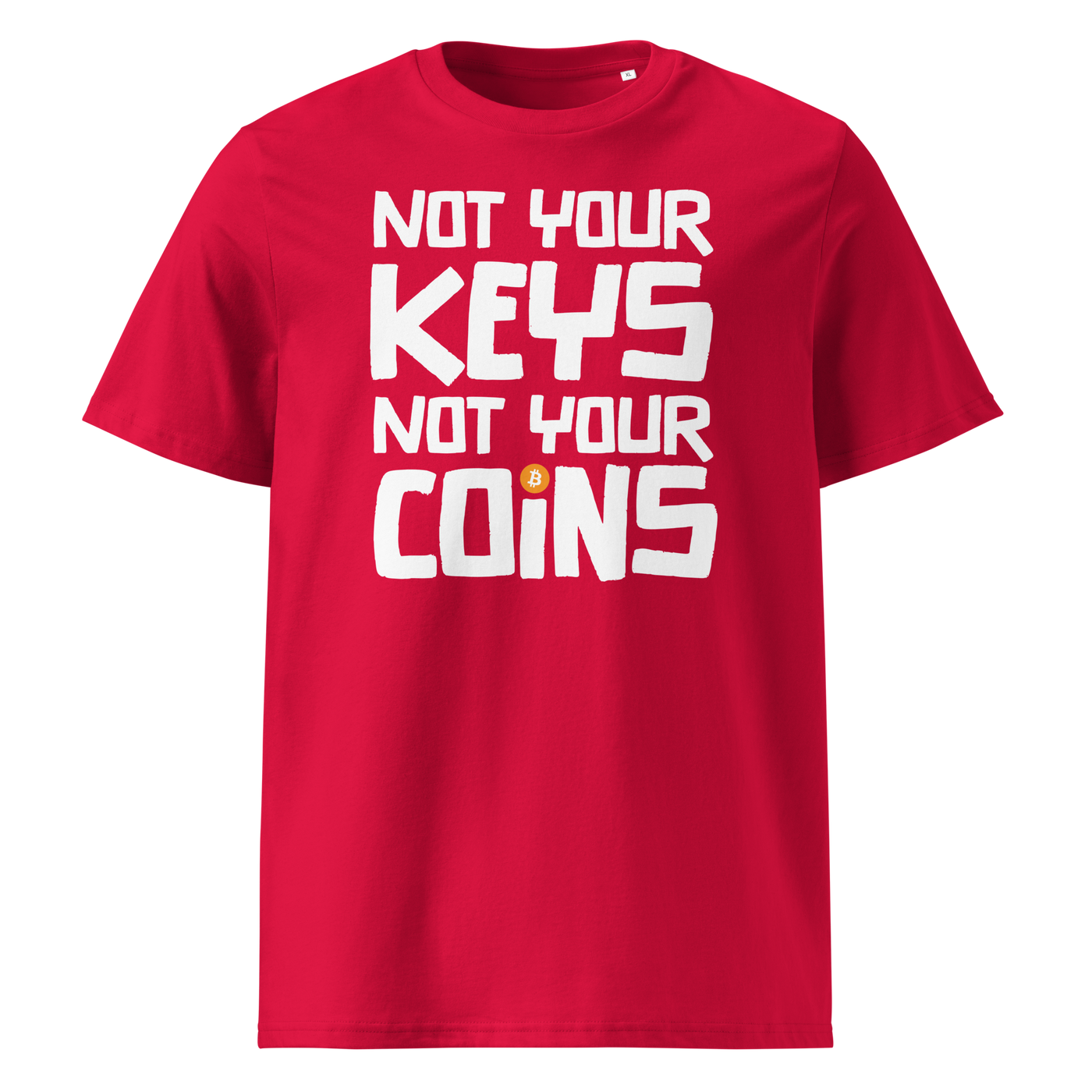 Not your Keys not your Coins organic cotton bitcoin t-shirt in Red, front view: Not your Keys not your Coins in bold black letters with an orange bitcoin dot.