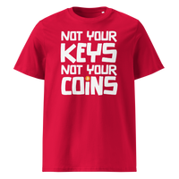 Not your Keys not your Coins organic cotton bitcoin t-shirt in Red, front view: Not your Keys not your Coins in bold black letters with an orange bitcoin dot.