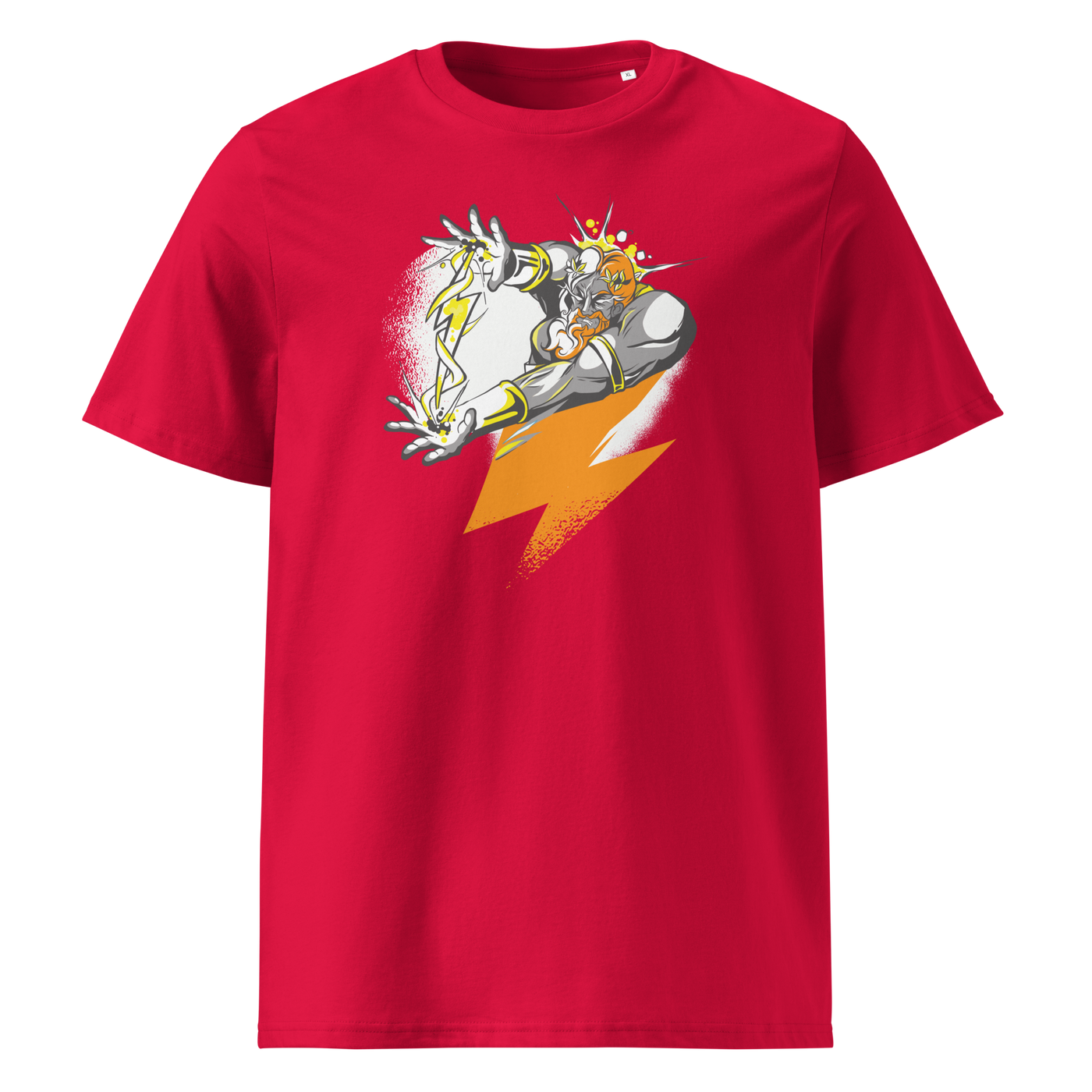 Bitcoin Support Zeus organic cotton bitcoin t-shirt in Red, front view: Zeus hurling an orange lightning bolt from a cloud.