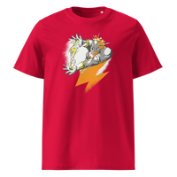 Bitcoin Support Zeus organic cotton bitcoin t-shirt in Red, front view: Zeus hurling an orange lightning bolt from a cloud.