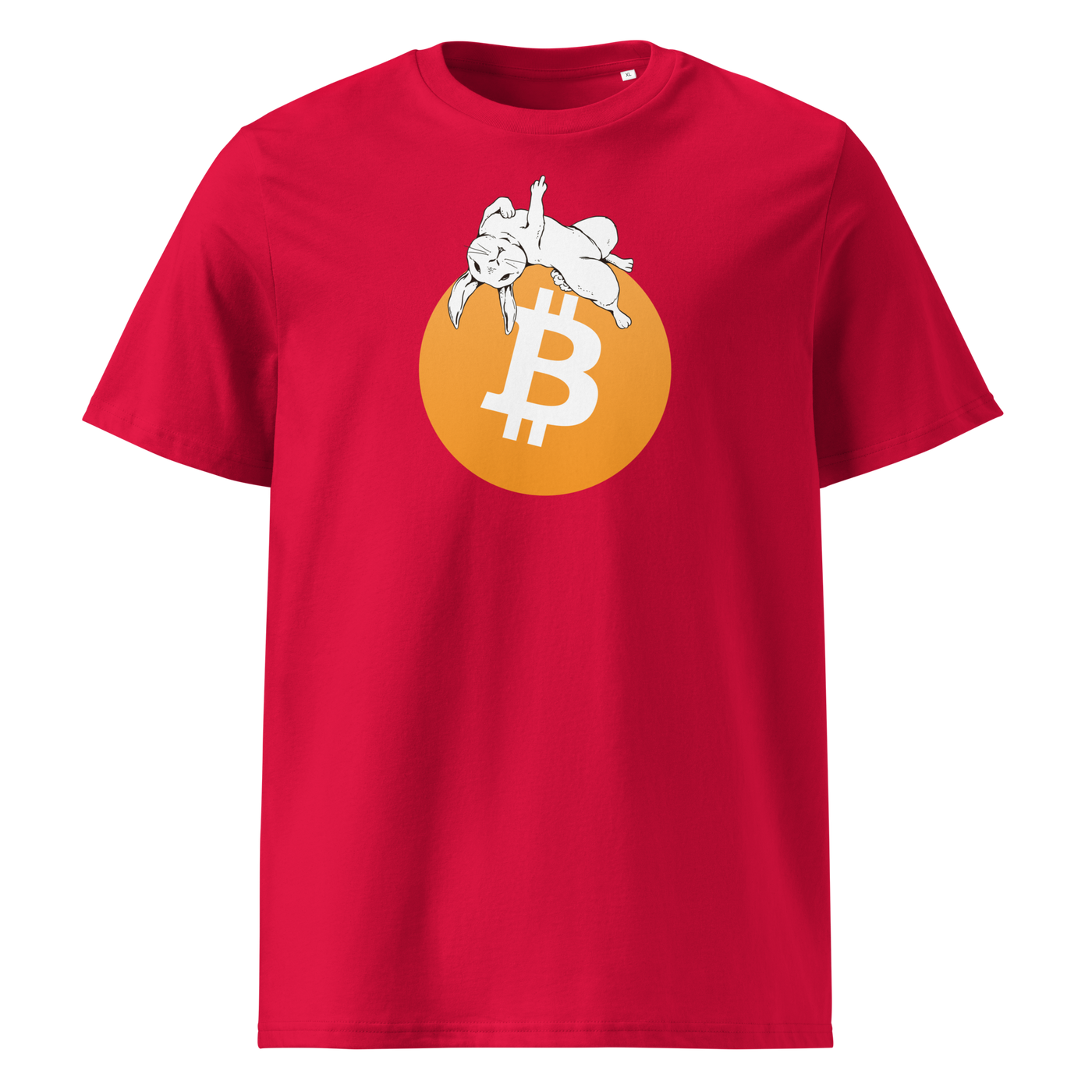 White Rabbit Bitcoin - F*** Fiat Money organic cotton bitcoin t-shirt in Red, front view: a white rabbit leaping over a large orange bitcoin coin.
