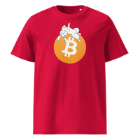 White Rabbit Bitcoin - F*** Fiat Money organic cotton bitcoin t-shirt in Red, front view: a white rabbit leaping over a large orange bitcoin coin.