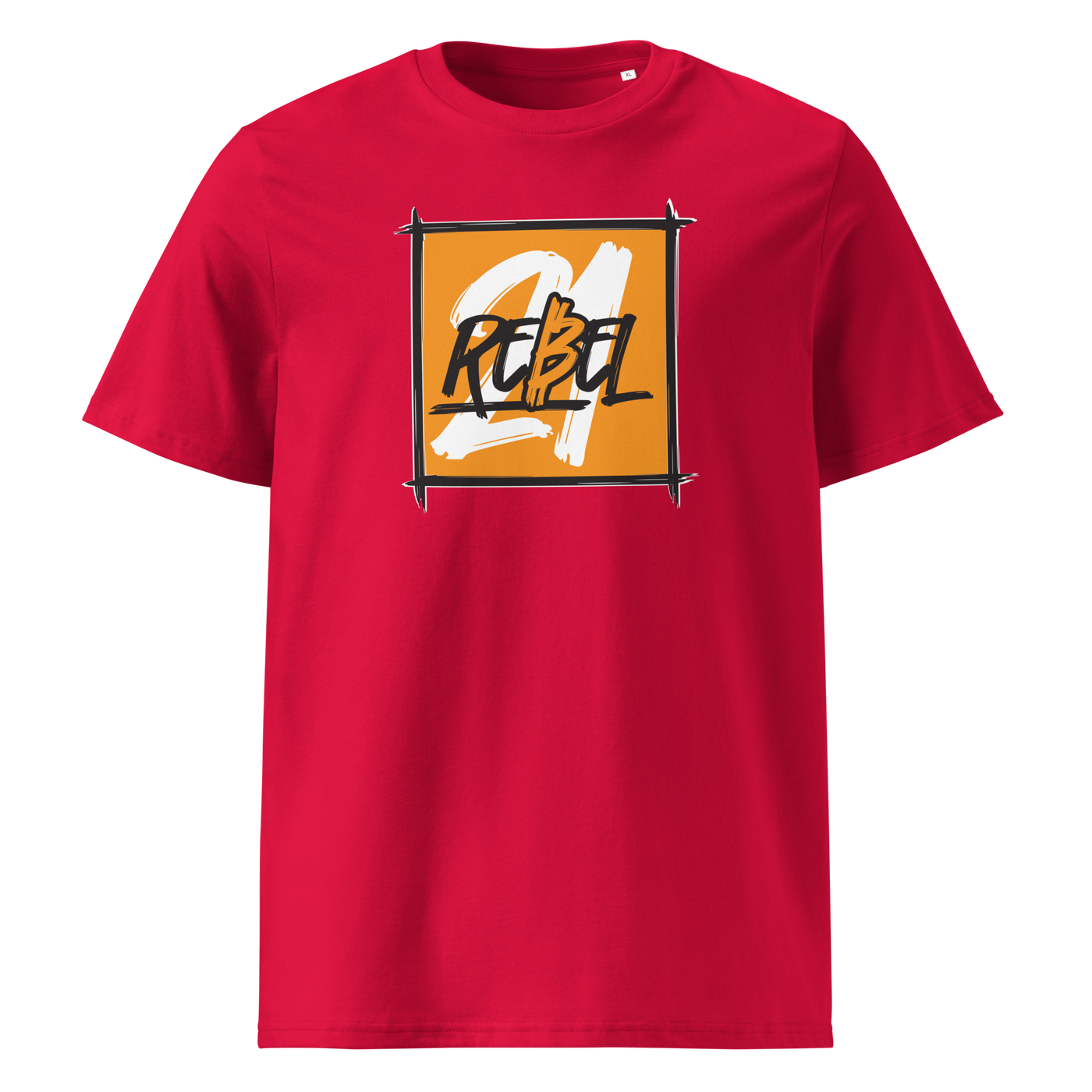 21 Rebel organic cotton bitcoin t-shirt in Red, front view: a brushed orange square with 21 REBEL in white and black lettering.