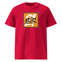 21 Rebel organic cotton bitcoin t-shirt in Red, front view: a brushed orange square with 21 REBEL in white and black lettering.