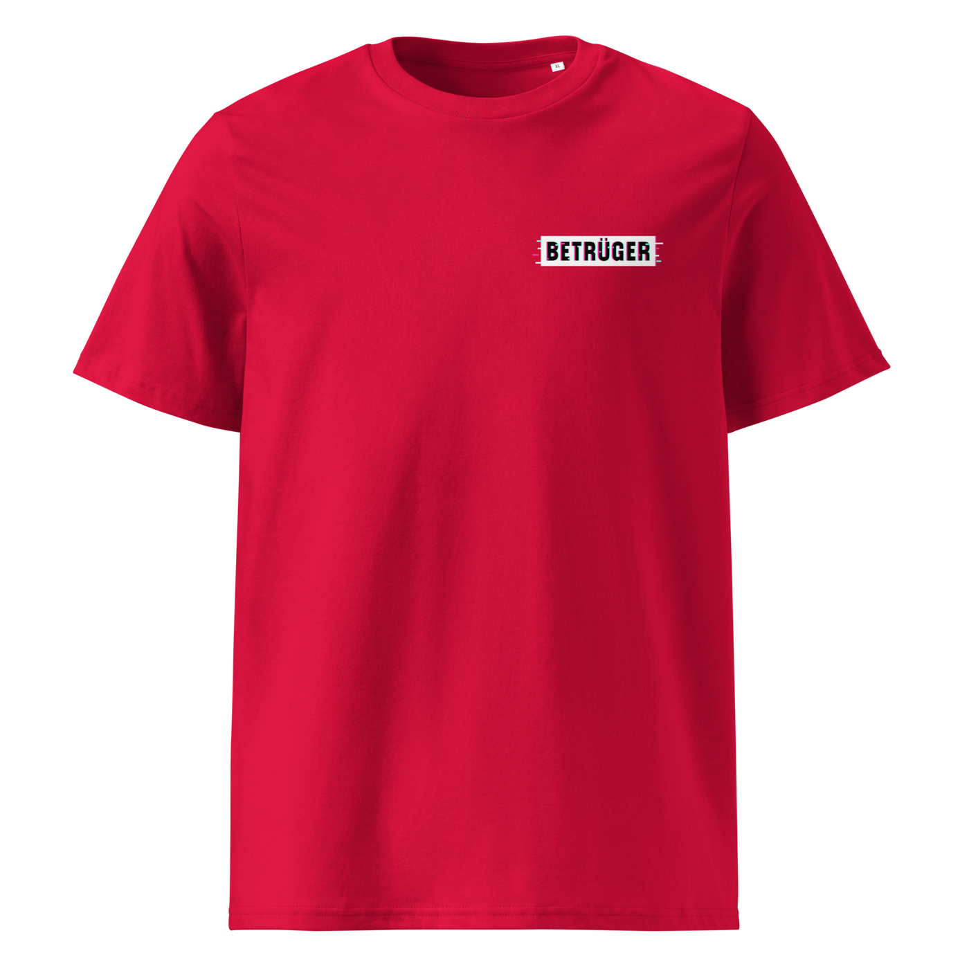 Betrüger anarcho late night organic cotton t-shirt in Red, front view: a small black box logo reading Betrueger on the left chest.